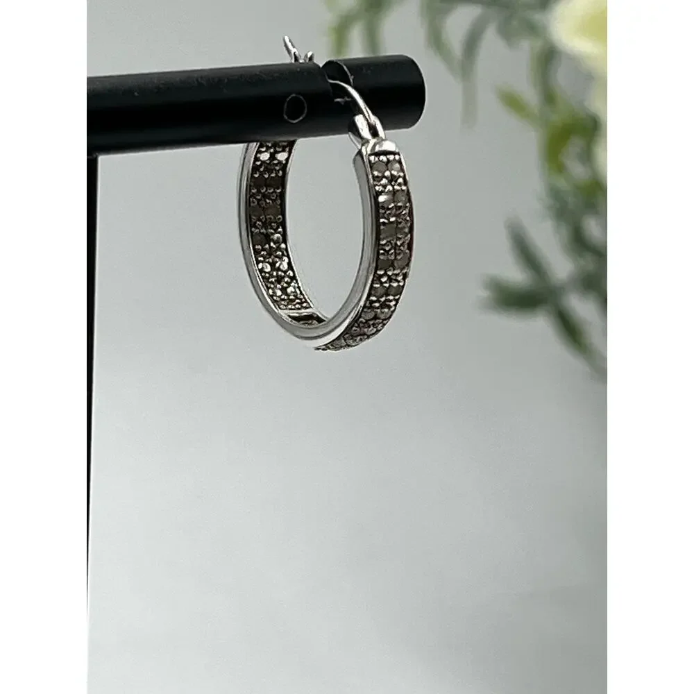 DBJ Dee Berkley 925 Sterling Silver Genuine Cut Diamond‎ In & Out Hoop Earrings